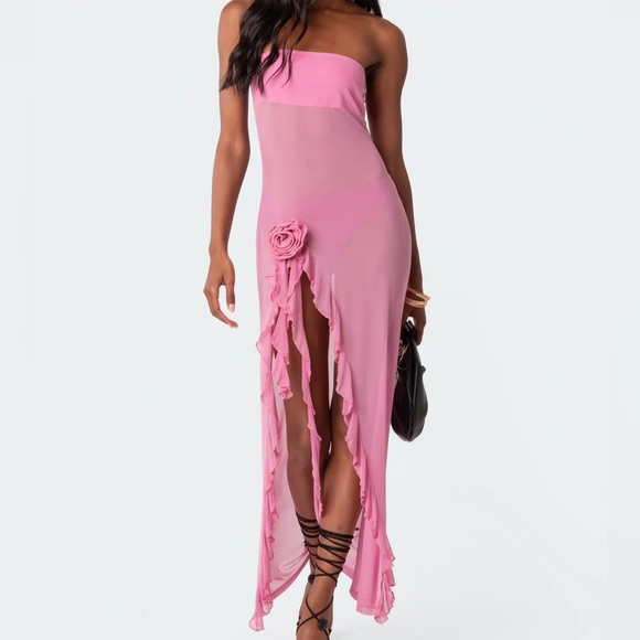 Edikted: Sheer Mesh Flower Pin Pink Strapless See-Through Suri Maxi Dress ๐ - Picture 5 of 16